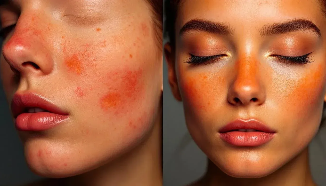 Illustration of two close-ups of a woman's face, one with red blotches on the cheek