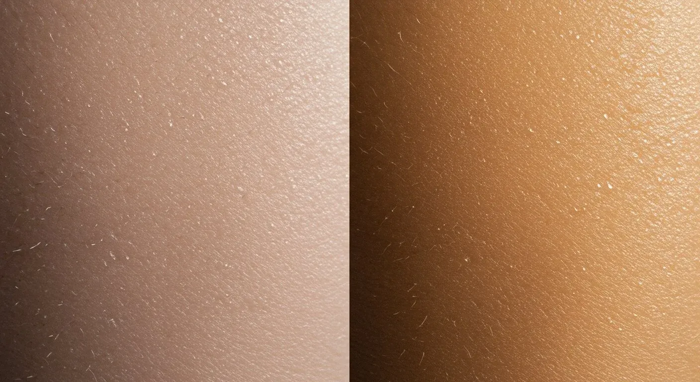 Illustration of two close-up skin surfaces side by side, one pale and one golden brown