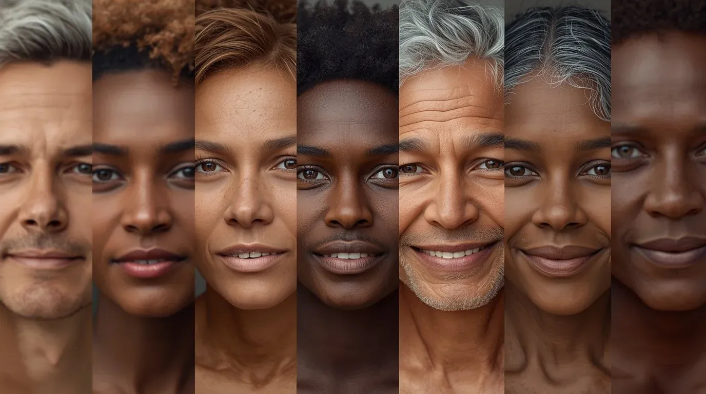 Illustration of seven adult faces in vertical strips, with a range of ages and skin tones