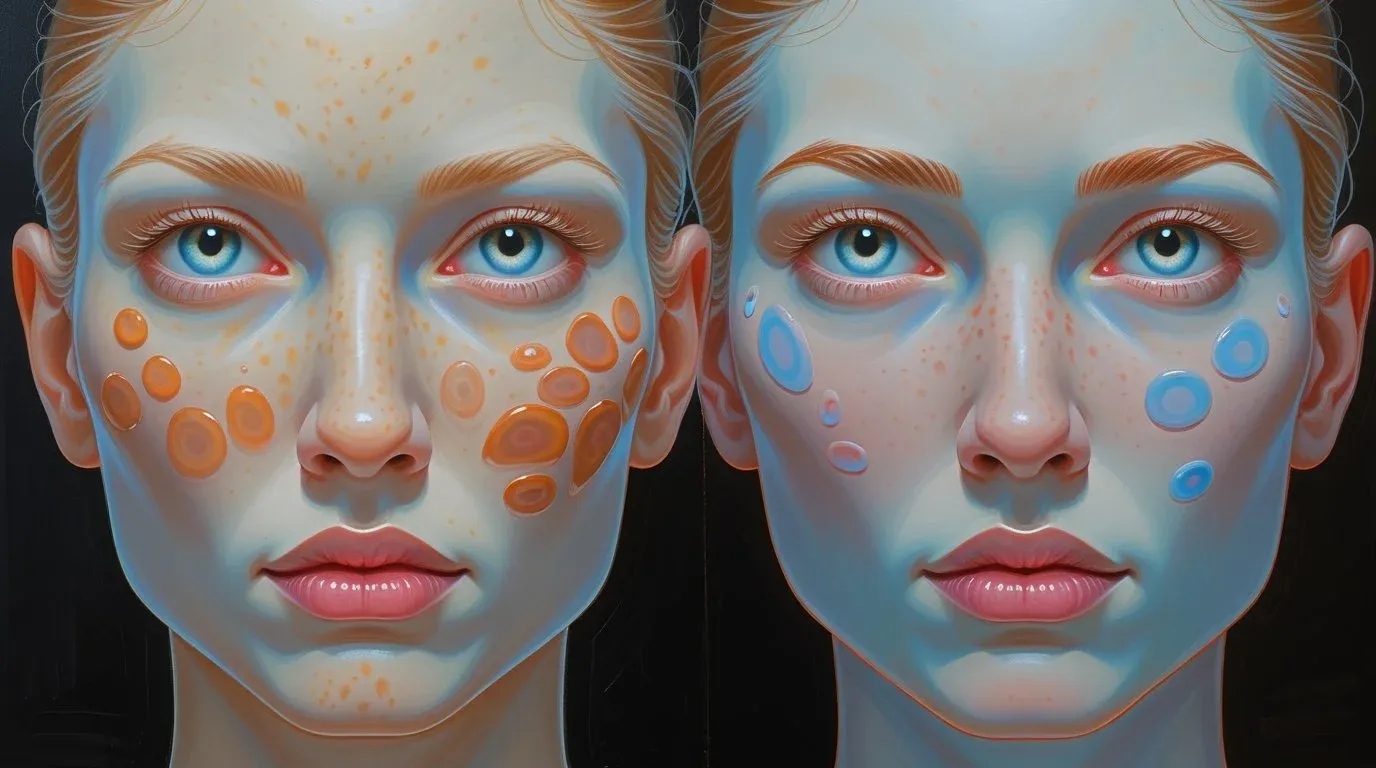 Illustration of two matching faces, one with orange spots and one with blue circles