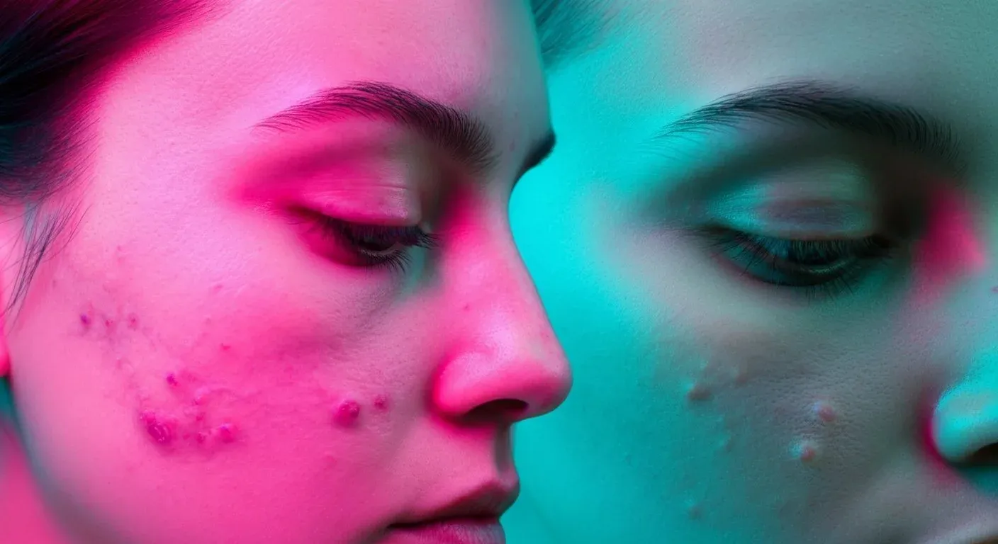 Illustration of two women's faces, one lit pink and one teal, both with acne bumps on the cheek