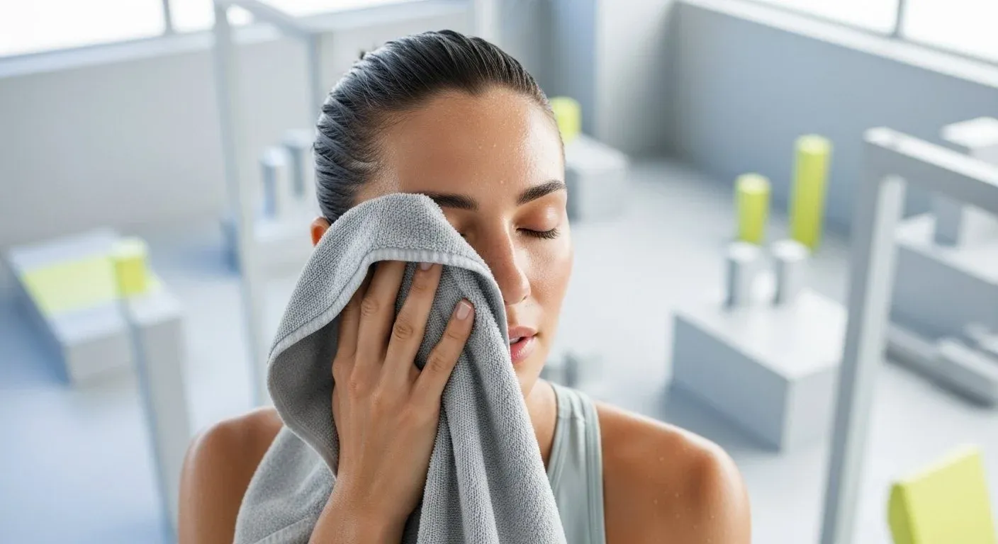 Illustration of a woman pressing a gray towel to her face in a bright gym