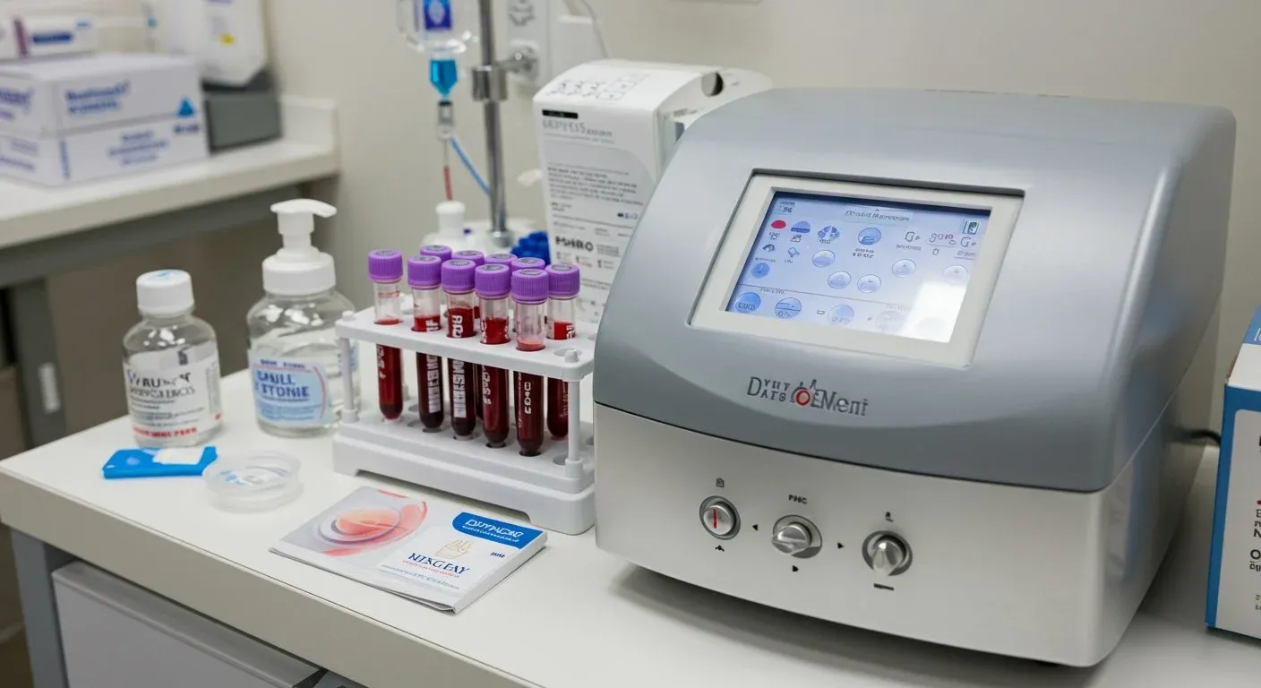 Illustration of blood sample tubes in a rack beside a lab machine with a touchscreen