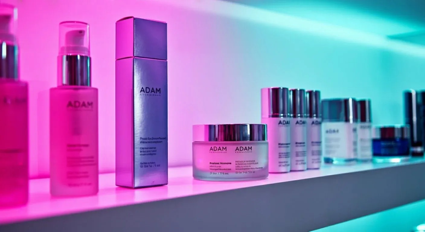 Illustration of ADAM-labeled skincare bottles, jars and pumps on a shelf in pink and teal light