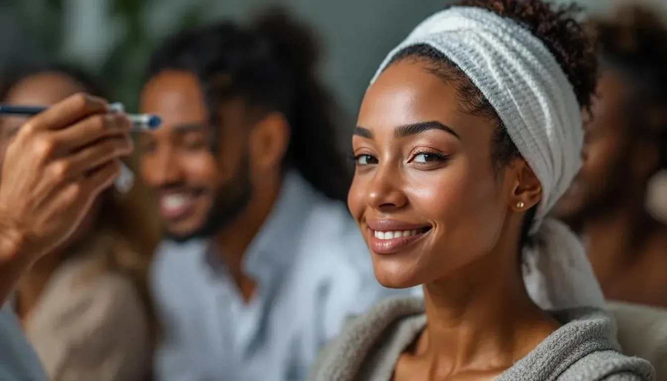 Illustration of a smiling woman with deep brown skin in a white headband, with people blurred behind her