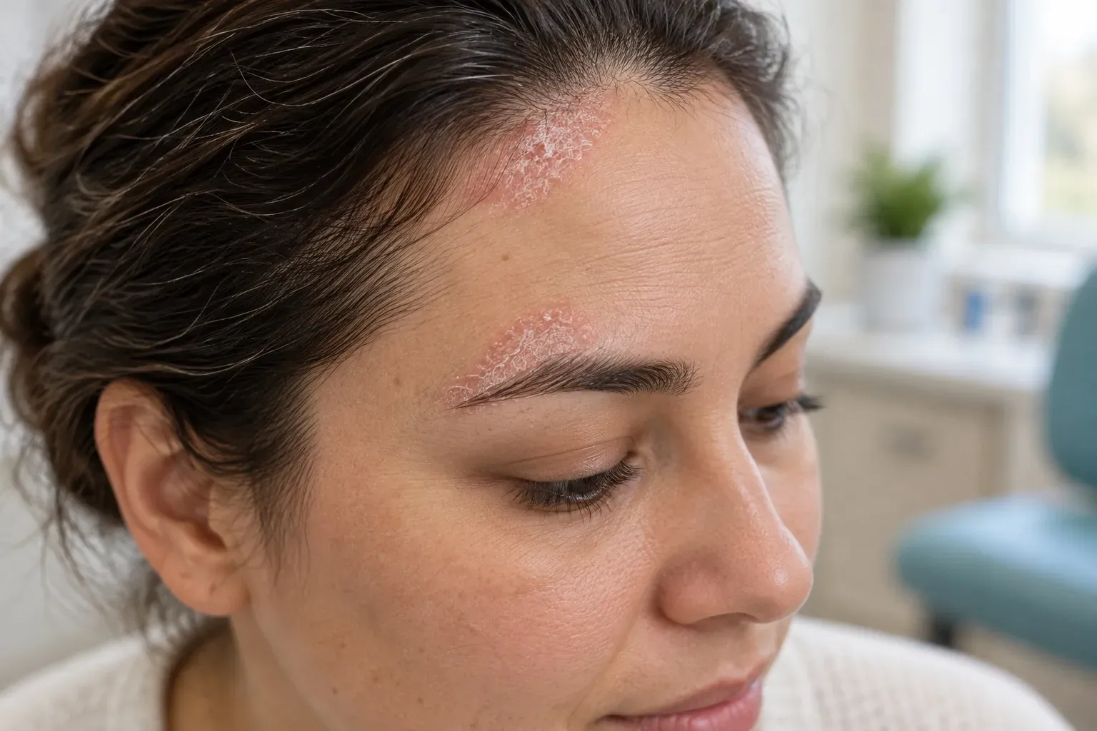 Illustration of facial psoriasis: thin, lightly scaly pink plaques along the hairline and above the eyebrow