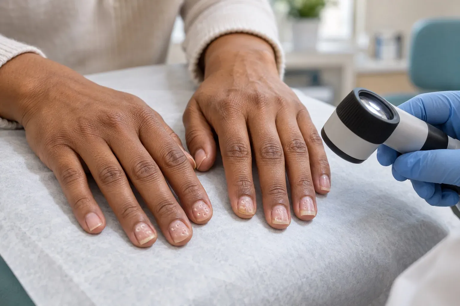 Illustration of a patient's hands on an exam table with nail psoriasis: pitted nails and yellow-brown oil-drop spots, while a dermatologist holds a dermatoscope