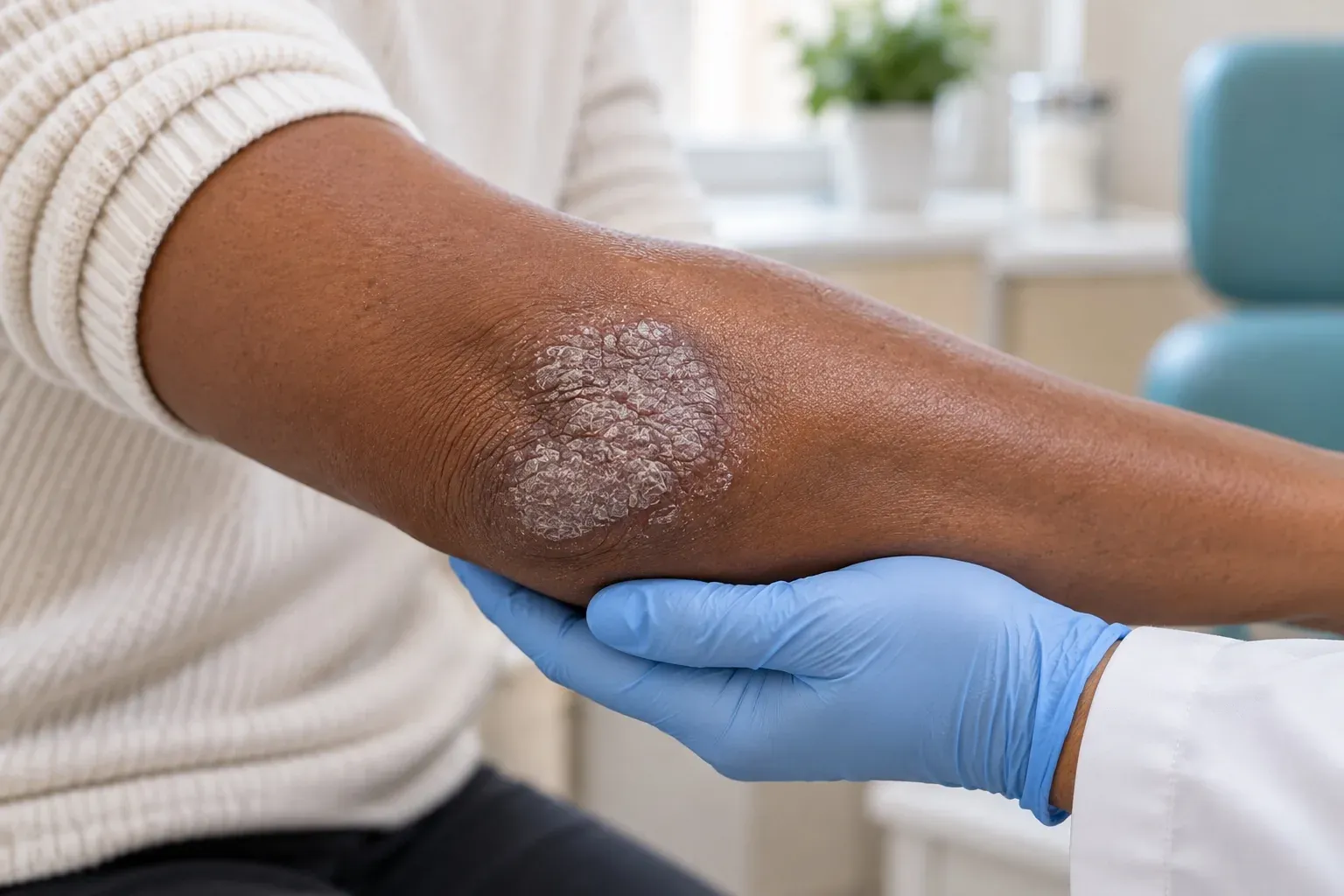 Illustration of a psoriasis plaque on a Black patient's elbow, violet to dark brown with gray-white scale, as a dermatologist supports the arm