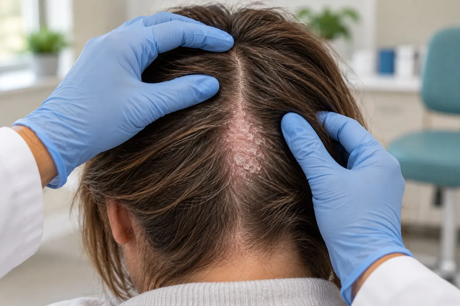 Illustration of a dermatologist parting a patient's hair to examine a scalp psoriasis plaque with silvery-white scale along the part